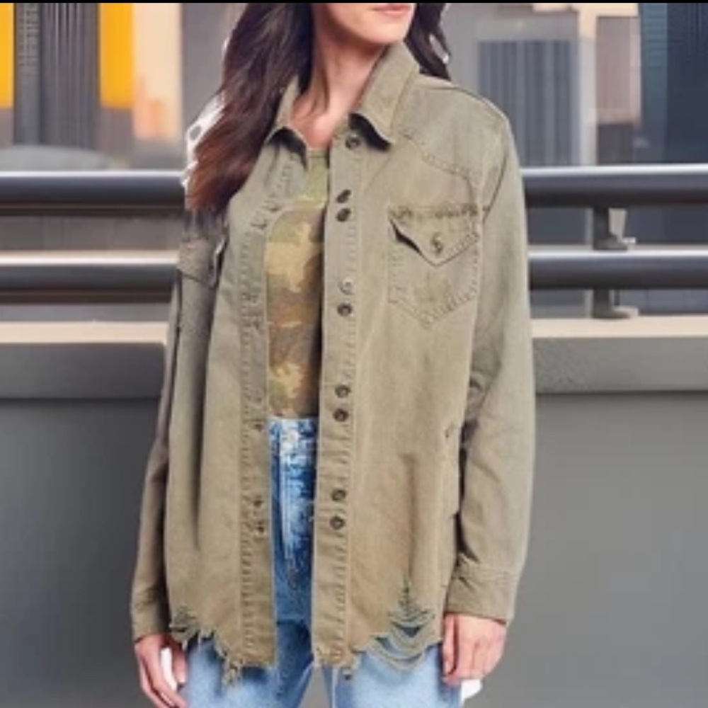 Free People MOONCHILD Distressed Denim Shirt Jacket Army Green Baggy NWT
